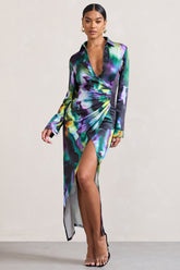 Watercolour Print Satin Long-Sleeved Maxi Shirt Dress
